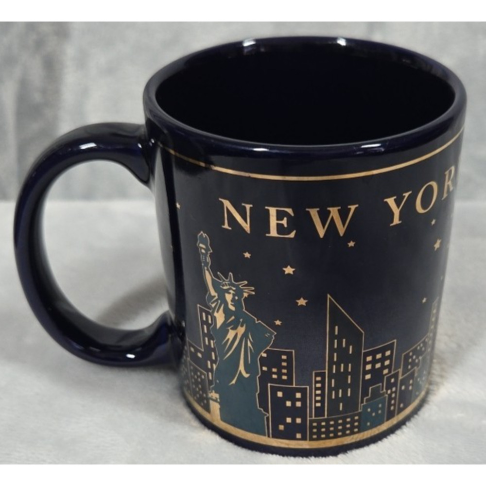 New York City Ceramic Coffee Mug 14 oz Statue of Liberty Blue Gold Trim 0758